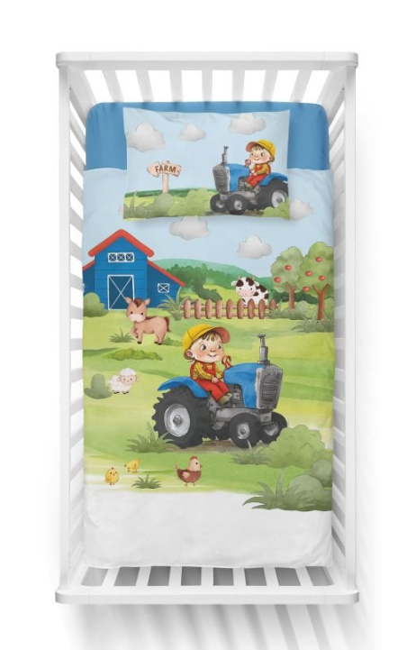 Bambusové povlečení do postýlky 3D Farma modrá 100/135, 40/60