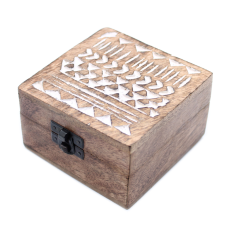 Dřevěná Krabička - Bílá Vymývaná - Aztécky Vzor - Střední